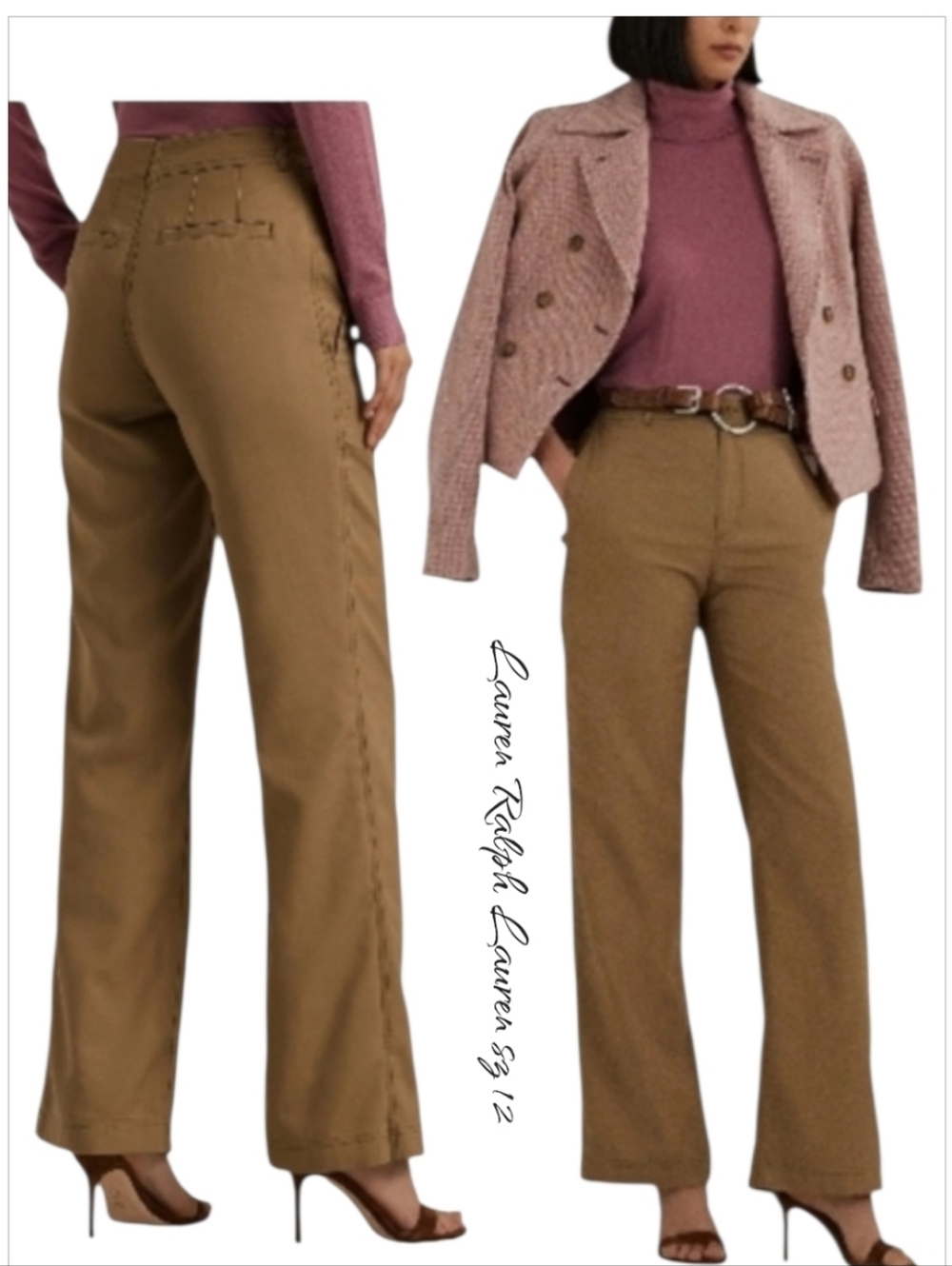 Lauren Ralph Lauren Mahkey High Waist Flare Wide Leg Pants Tan 12 Canvas NWT